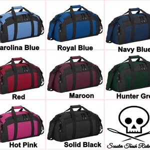 May include: Nine different color options for a duffel bag. The colors are Carolina Blue, Royal Blue, Navy Blue, Red, Maroon, Hunter Green, Hot Pink, Solid Black. The bag has two zippered compartments and a handle on the top.