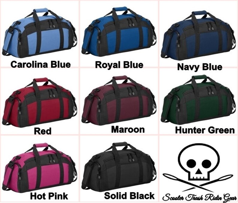 May include: Nine different color options for a duffel bag. The colors are Carolina Blue, Royal Blue, Navy Blue, Red, Maroon, Hunter Green, Hot Pink, Solid Black. The bag has two zippered compartments and a handle on the top.