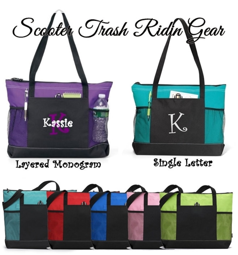 May include: Two tote bags with different embroidery options. The first bag has a layered monogram with the name "Kassie" in purple. The second bag has a single letter "K" in white. Both bags have a black bottom section with a mesh pocket on each side. The bags are available in six different colors: teal, red, blue, pink, green, and black.