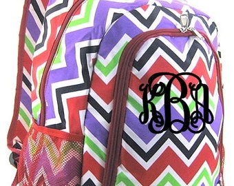 FREE SHIPPING - Personalized Backpack Bookbag mulit color chevron print red trim -  monogram book tote school NEW