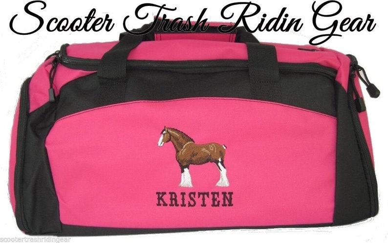 May include: Pink duffel bag with a black horse and the name "KRISTEN" embroidered on it.