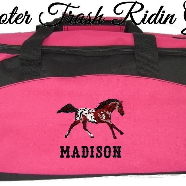 Personalized Appaloosa Horse Duffle bag with black trim NEW monogram - FREE SHIPPING - hot pink duffel - more colors