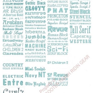 May include: A white background with a variety of font styles in blue text. The text includes font names such as "Fancy Script", "Gothic Block", "Groovy", "Phat", "Princeton", "Revue", "Jumble", "Machine", "Sci-Fi", "Country", "Electric", "Entre", and "Curlz".