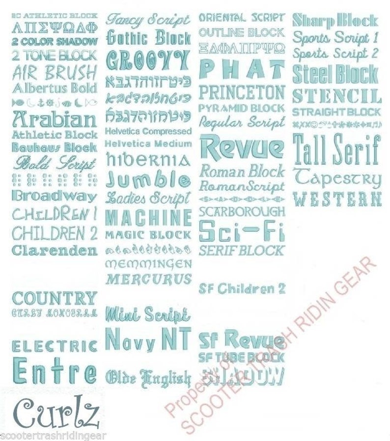 May include: A white background with a variety of font styles in blue text. The text includes font names such as "Fancy Script", "Gothic Block", "Groovy", "Phat", "Princeton", "Revue", "Jumble", "Machine", "Sci-Fi", "Country", "Electric", "Entre", and "Curlz".