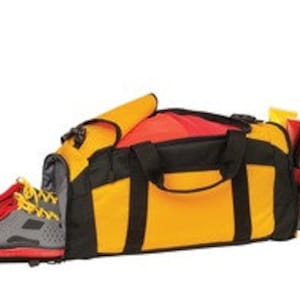 May include: Yellow and black duffel bag with a red lining. The bag has a separate shoe compartment and a zippered pocket on the side.