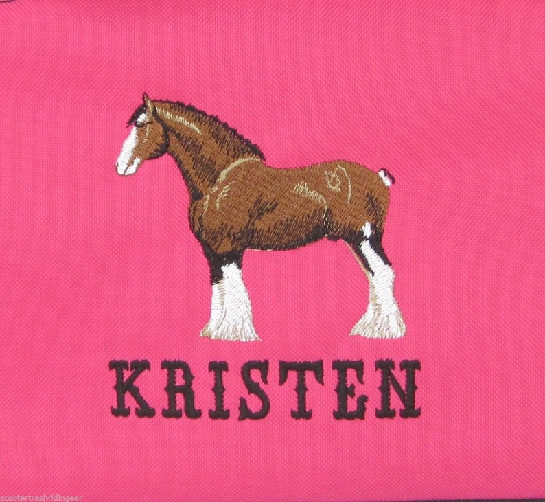 May include: Pink canvas tote bag with an embroidered brown and white horse and the name "KRISTEN" in black.