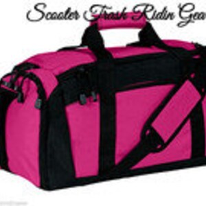May include: A pink and black duffel bag with a zippered top and a shoulder strap.