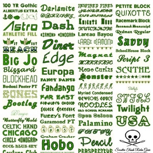 May include: A white background with a grid of green text. The text includes a variety of font styles and names, such as "Astro", "Dash", "Diner", "Edge", "Hobo", "Script 3", "Savvy", "USA", and "Twilight".