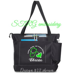 May include: Black tote bag with a white stitched outline, featuring a green stethoscope and heart design with the text "Coffee, Scrubs and Rubber Gloves" and the name "Christie". The bag has multiple pockets and a water bottle holder.