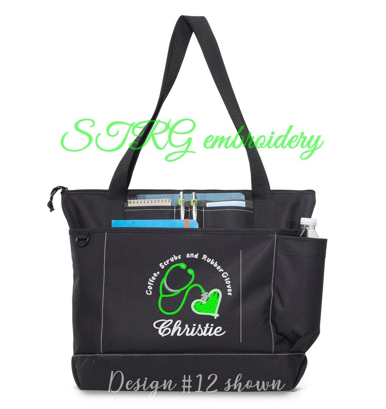May include: Black tote bag with a white stitched outline, featuring a green stethoscope and heart design with the text "Coffee, Scrubs and Rubber Gloves" and the name "Christie". The bag has multiple pockets and a water bottle holder.