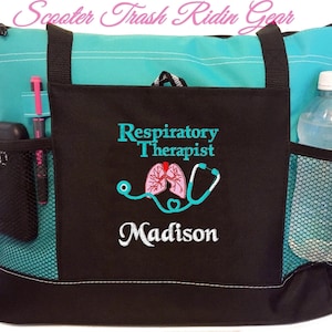 May include: A turquoise and black tote bag with a zippered pocket and a mesh side pocket. The bag has an embroidered design of a stethoscope and lungs with the text "Respiratory Therapist" and a name "Madison".