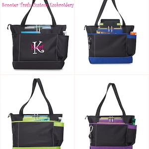 May include: Black tote bags with colored accents and embroidered initials. Each bag has a zippered top, multiple pockets, and a shoulder strap. The bags have blue, green, and purple accents. The text "Scooter Trash Custom Embroidery" is visible.