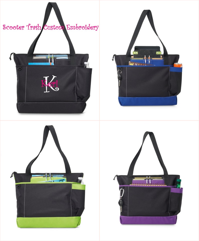 May include: Black tote bags with colored accents and embroidered initials. Each bag has a zippered top, multiple pockets, and a shoulder strap. The bags have blue, green, and purple accents. The text "Scooter Trash Custom Embroidery" is visible.