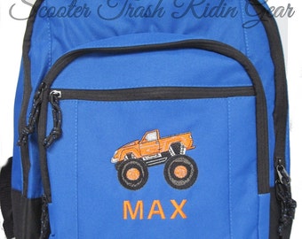 Monster Truck Embroidered Backpack - Personalized School Book Bag