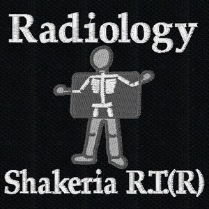 May include: Black and white embroidered patch with the text "Radiology" and a stick figure of a person inside an x-ray image. The text "Shakeria RT(R)" is below the image.