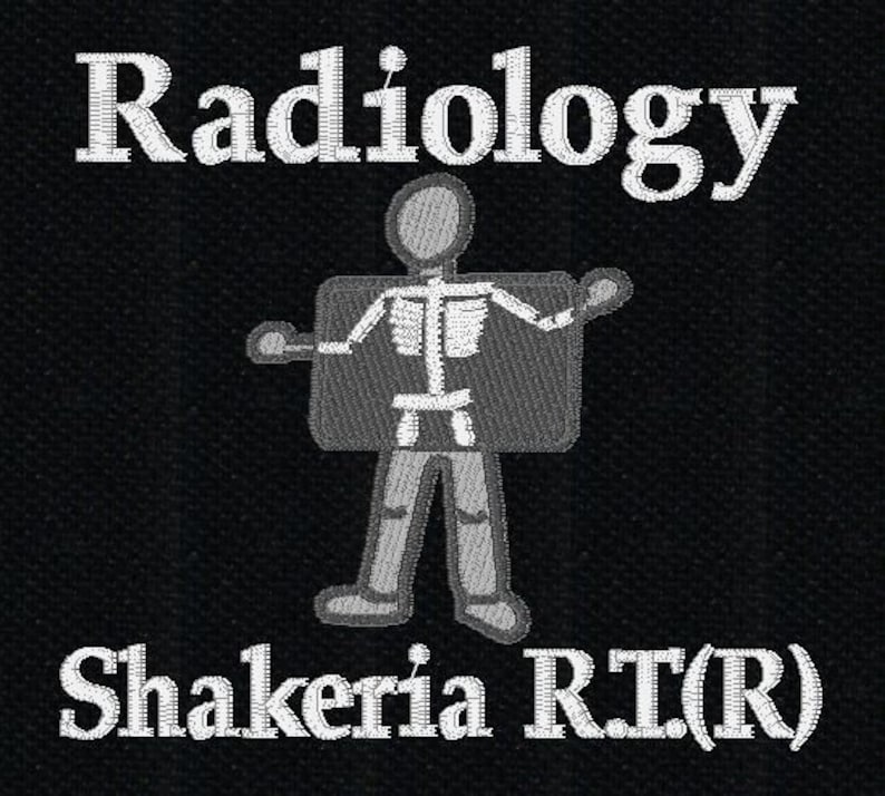 May include: Black and white embroidered patch with the text "Radiology" and a stick figure of a person inside an x-ray image. The text "Shakeria RT(R)" is below the image.
