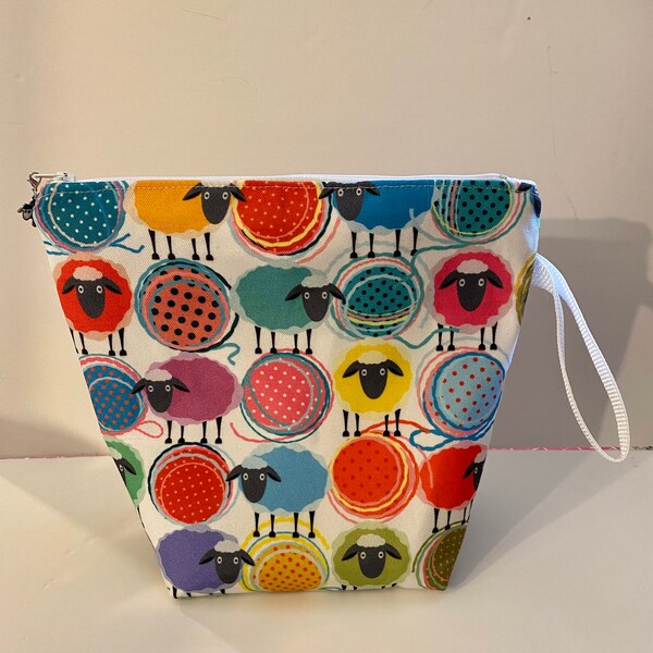 Sheep Multi-color Medium Zippered Project Bag, Knitting Bag, Sock Bag, Crochet Bag, Notions, Yarn, Makeup or Craft Bag with Inside Pocket