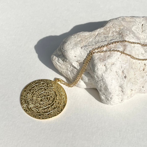 XL Vermeil Ancient Greek Minoan Phaistos Disc Medallion Necklace