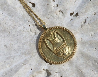 Vermeil Ancient Greek AMPHORA Coin Pendant with Greek Key and Sapphire - Handcrafted in Greece