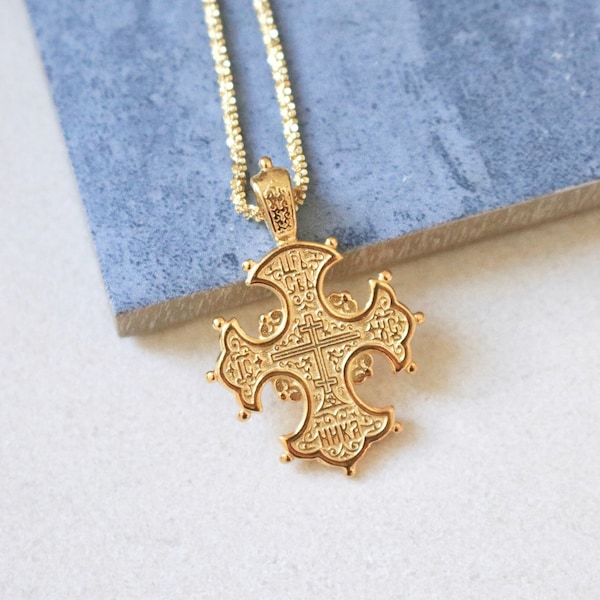 Collier croix byzantine grecque antique vermeil 24 carats