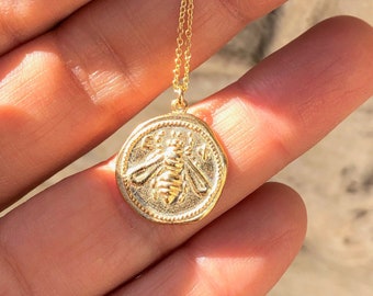 2 sizes - Vermeil Ancient Greek MELISSAE Sacred Bee Goddess medallion necklace