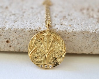 14K Gold Ancient Greek PAPYRUS Flower Coin Necklace with Diamonds - Made in Greece