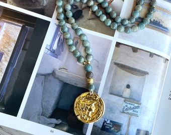 Gold ATHENA Green Multi Ceramic Bead Good Luck Talisman Komboloi with Tan Leather Cord