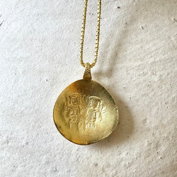 Vermeil Gold Ancient Greek Byzantine Saint Constantine and Saint Helen Coin Medallion Necklace