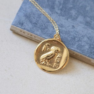 Vermeil Ancient Greek Goddess Athena & Owl Reversible Coin Medallion Necklace