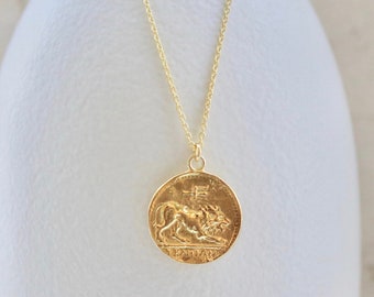 Ancient Greek Warrior Goddess ATHENA & Lion Medallion Coin Necklace