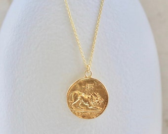 Oude Griekse krijgergodin ATHENE & leeuw medaillon muntketting