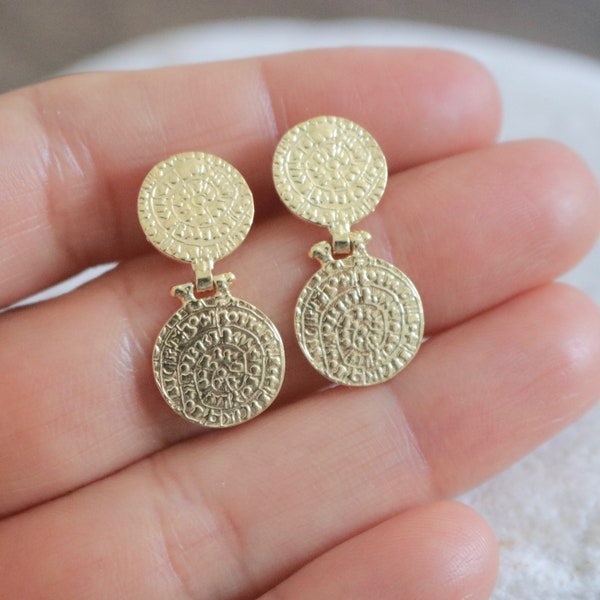 Vermeil Ancient Greek Minoan Phaistos Disc Coin Earrings