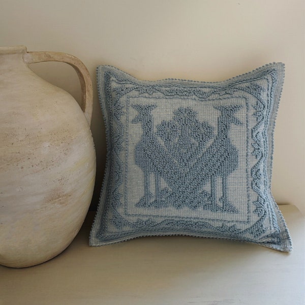 4 COLORS - Handmade Loomed Blue and Natural Linen HERA PAGONI Peacock Pillows - Made in Greece