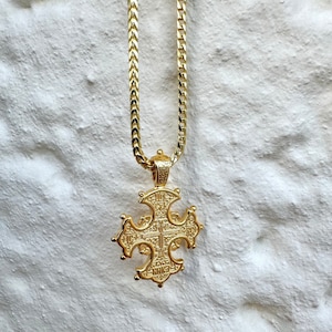 24K Gold Vermeil Ancient Greek Byzantine Cross Necklace with 16 Inch Wheat Chain - Made in Greece
