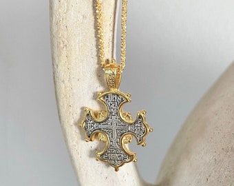 24K Gold Vermeil & Oxidized Silver Ancient Greek Byzantine Cross Necklace