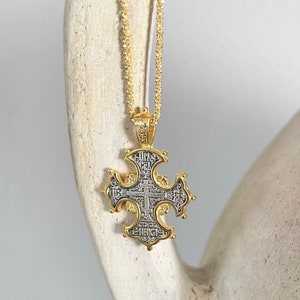 24K Gold Vermeil & Oxidized Silver Ancient Greek Byzantine Cross Necklace - Made in Greece