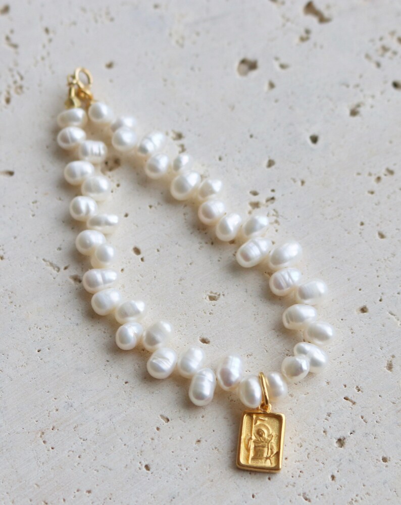24K Vermeil Ancient Greek Byzantine Square Archangel Amulet Pearl Bracelet