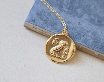Vermeil Ancient Greek Goddess Athena & Owl Large Coin Necklace - Made in Greece
