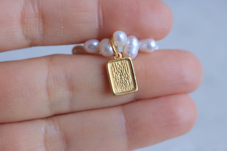 24K Vermeil Ancient Greek Byzantine Square Archangel Amulet Pearl Bracelet