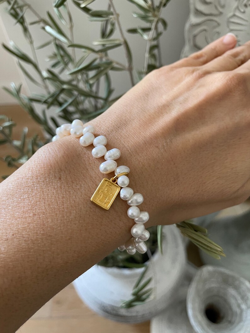 24K Vermeil Ancient Greek Byzantine Square Archangel Amulet Pearl Bracelet