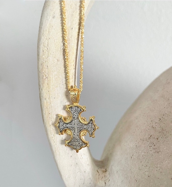 24K Gold Vermeil & Oxidized Silver Ancient Greek Byzantine Cross Necklace - Made in Greece