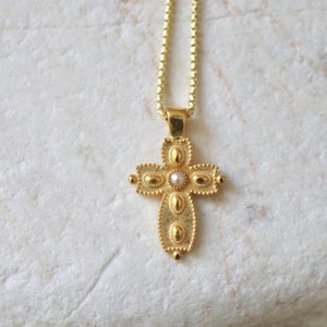 24K Gold Vermeil & Pearl Ancient Greek Byzantine THEODORA Cross Necklace