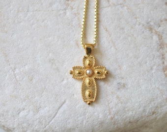 24-karaats gouden vermeil en parel oud-Grieks Byzantijns THEODORA-kruisketting
