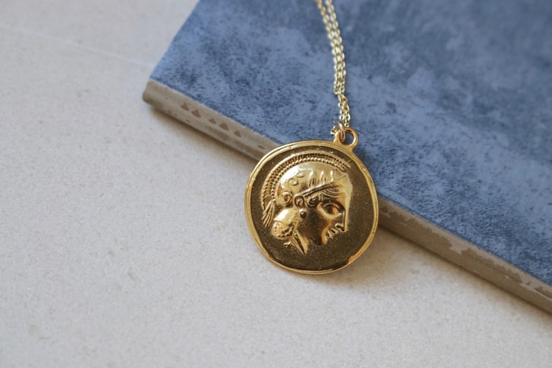 Vermeil oude Griekse godin Athena en uil ketting met grote munt - gemaakt in Griekenland afbeelding 7
