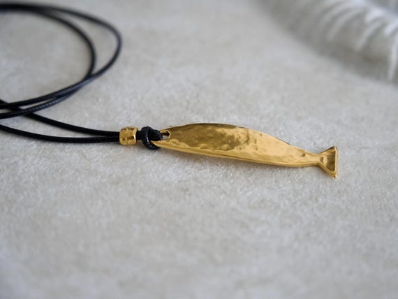 Hammered Gold Aegean Fish "Barbounia" Necklace on Black Cord - Made in Greece