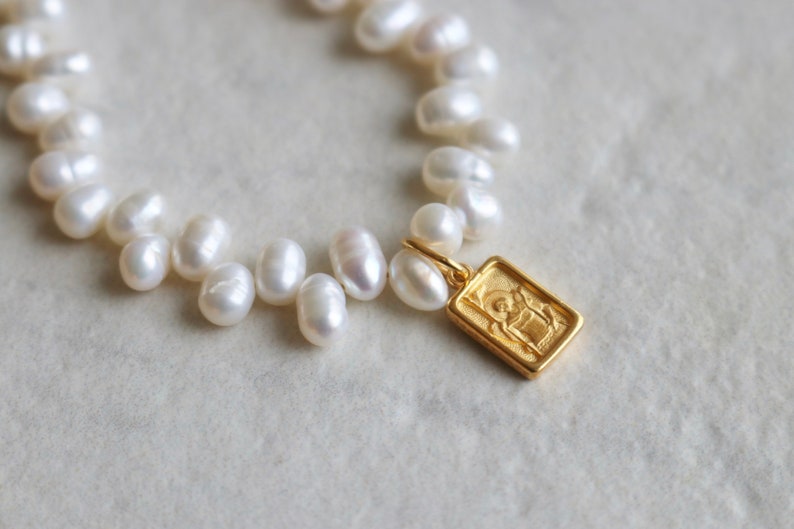 24K Vermeil Ancient Greek Byzantine Square Archangel Amulet Pearl Bracelet