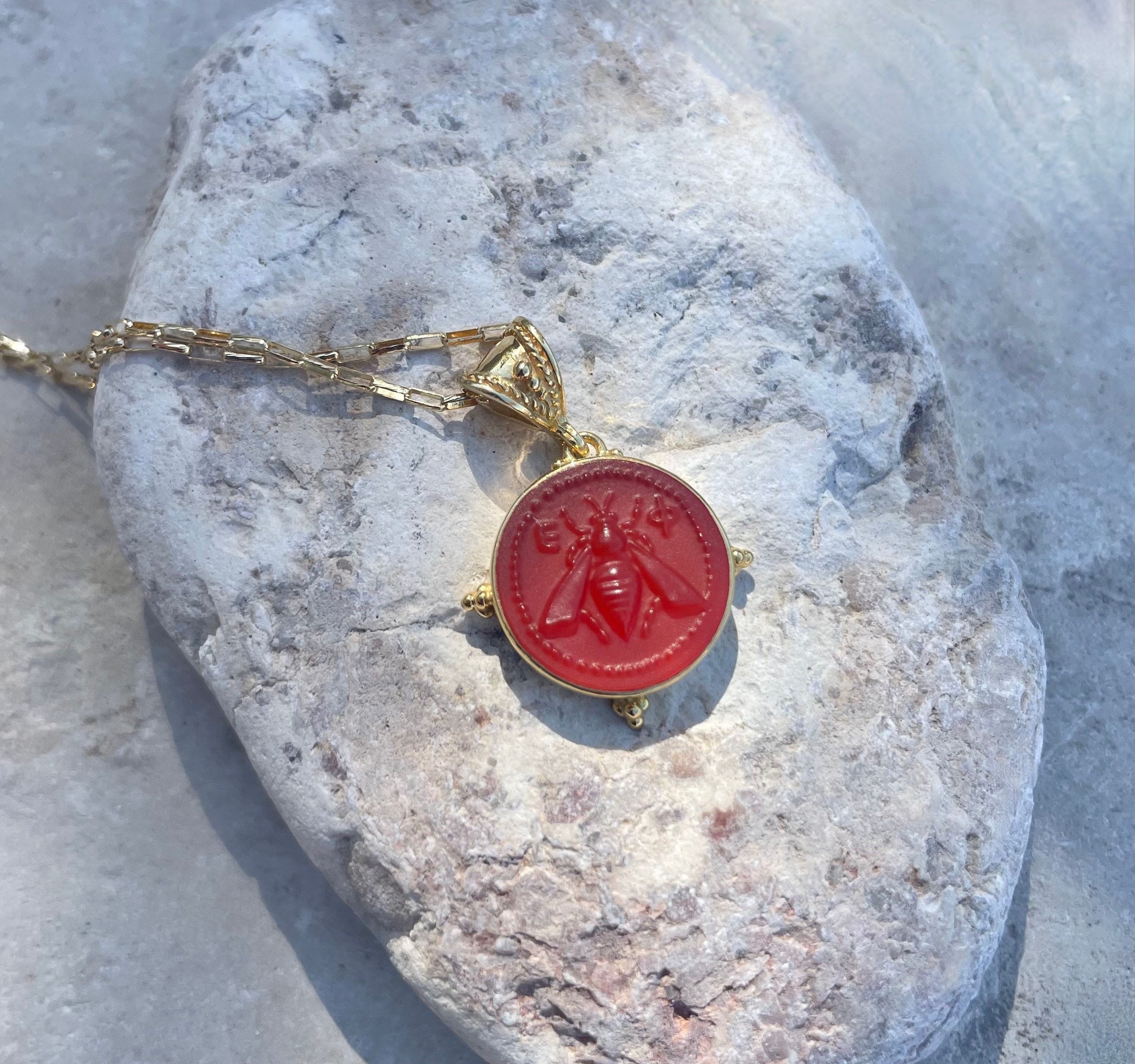 18K Solid Gold and Carnelian Ancient Greek MELISSAE Goddess Bee Coin Medallion Necklace - Made in Greece