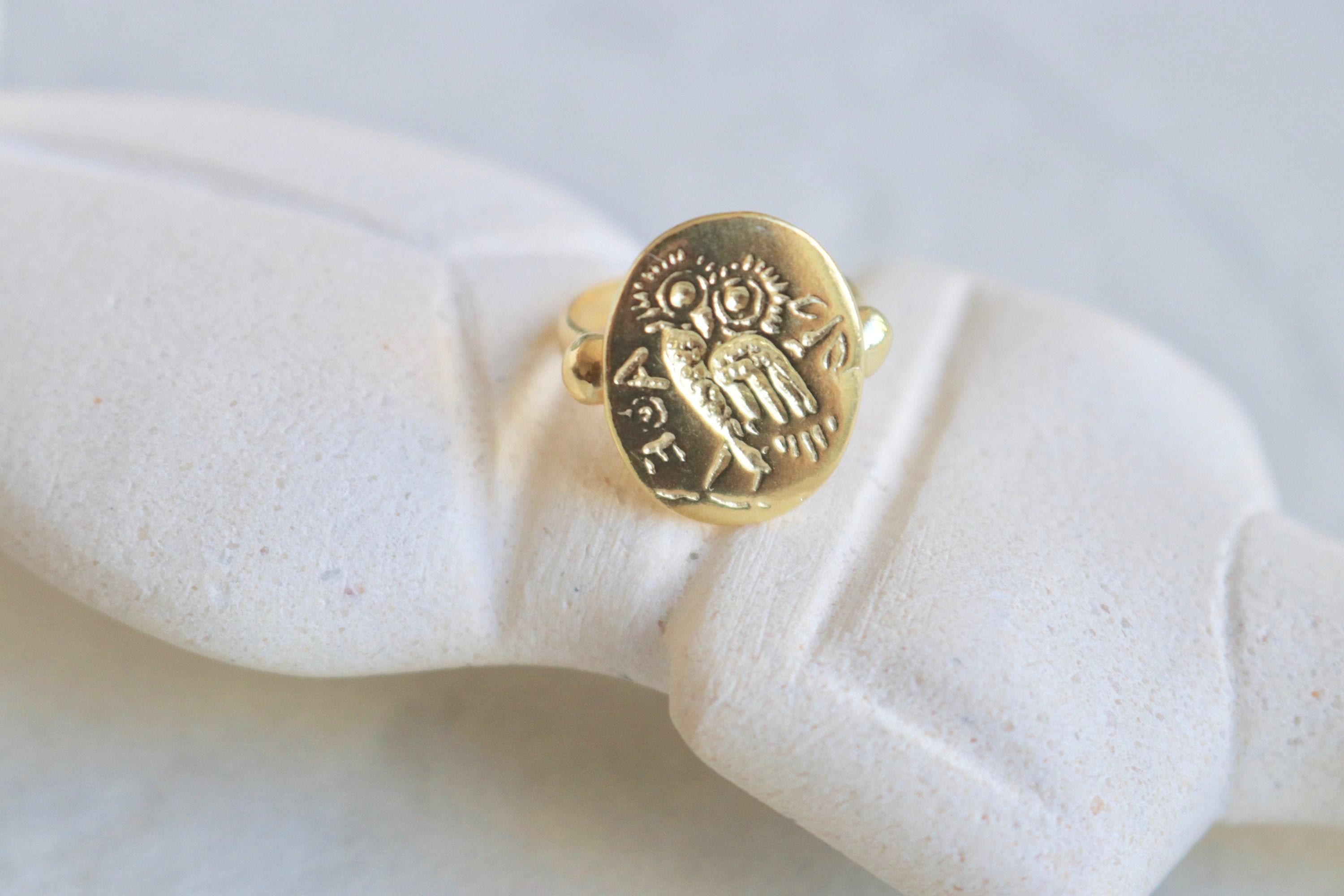 Vermeil Ancient Greek OWL OF ATHENA Coin Signet Ring - Made in Greece