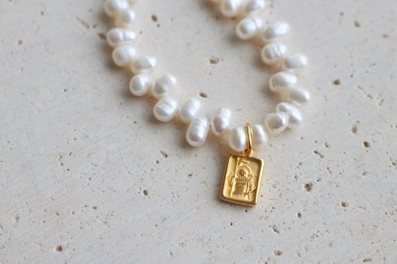 24K Vermeil Ancient Greek Byzantine Square Archangel Amulet Pearl Bracelet