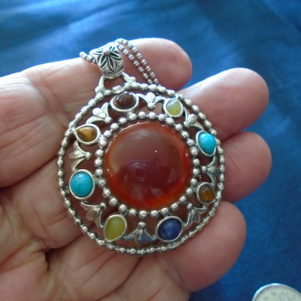 Carnelian and Other Multi Colored Gemstones Round Sterling Silver Pendant/Necklace